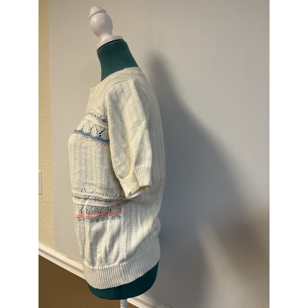 Vintage 80s Knit Sleeveless Sweater Tank • Pastel Pointelle Fair Isle Size M/L - Picture 5 of 7